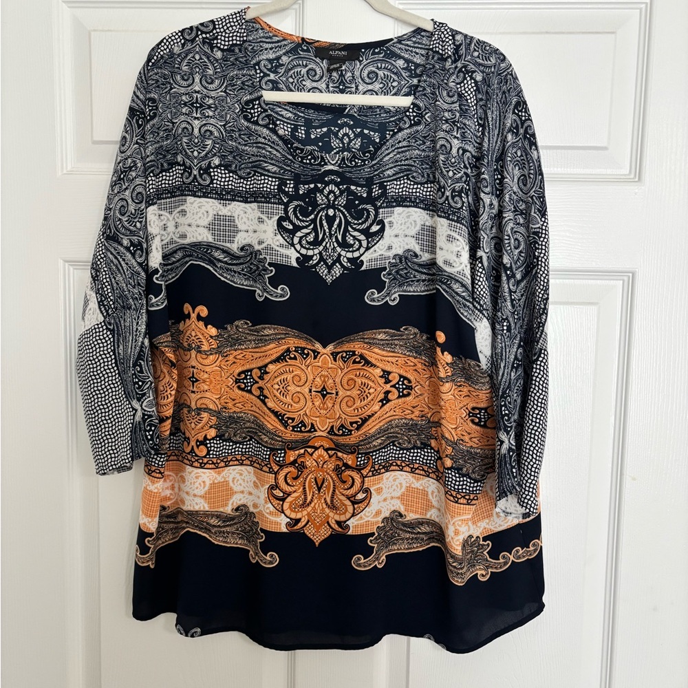 Alfani Navy, Orange and White Baroque-Print Long-Sleeve Tunic